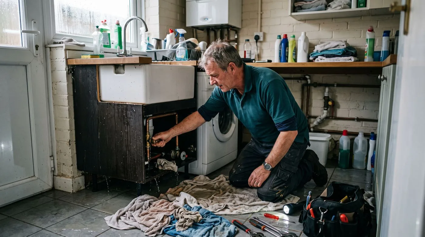 Burst pipe in a utility room