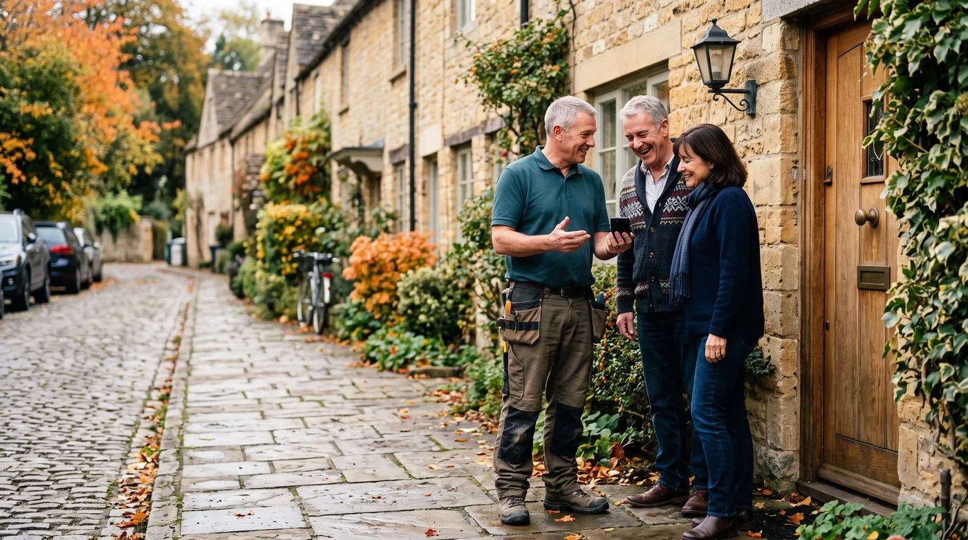 Plumber talking with homeowners at their front door