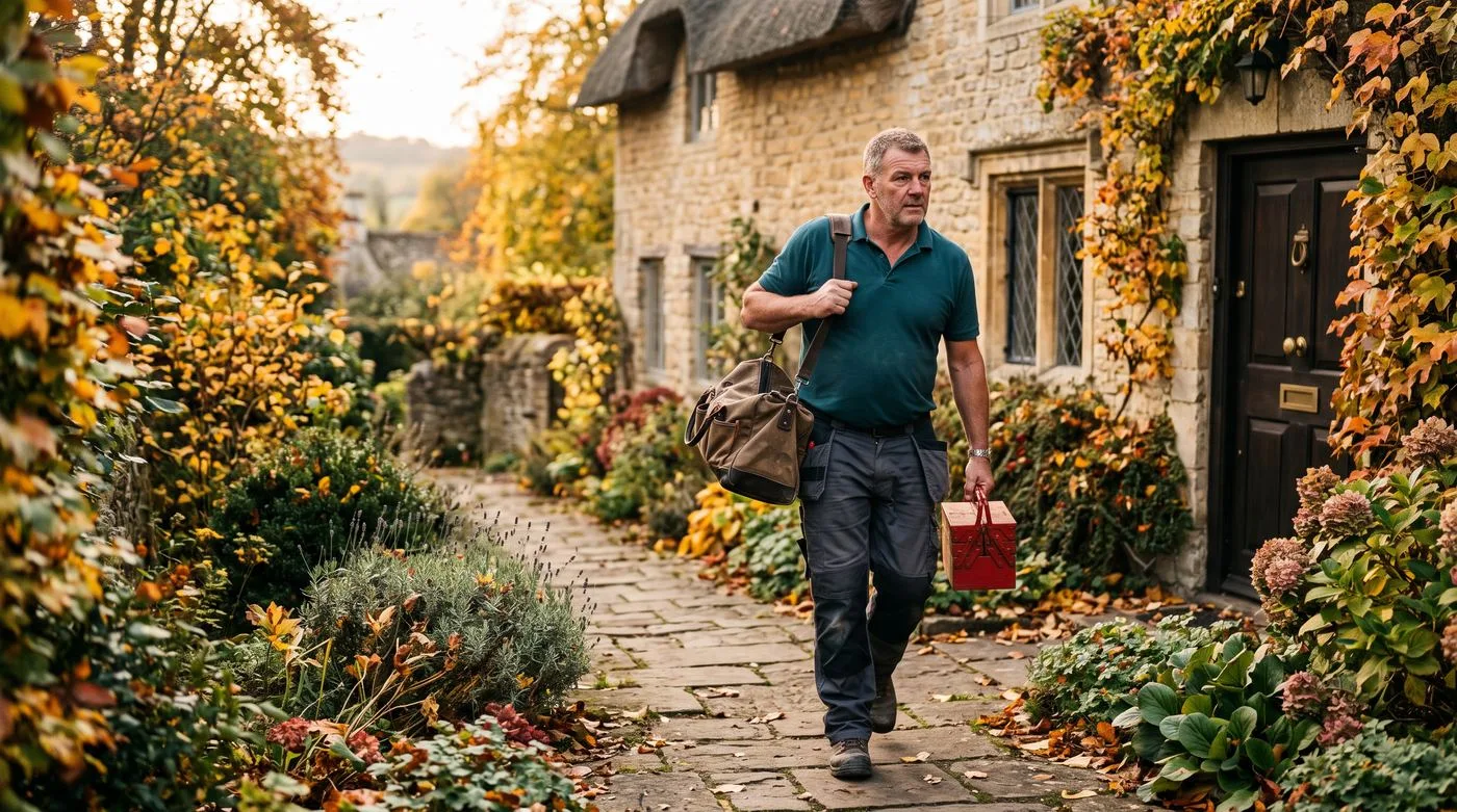 Plumber arriving at a stone cottage in Cricklade
