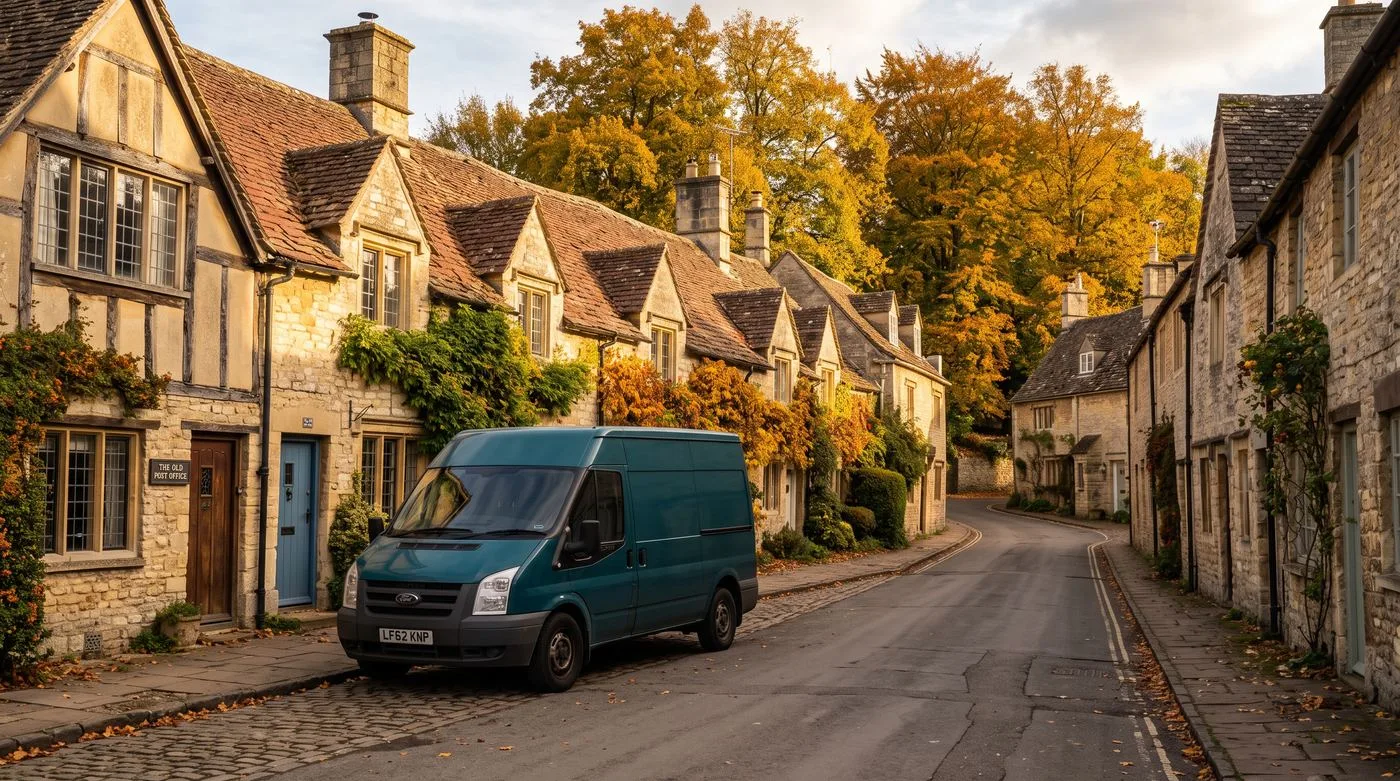 Van parked on a street of stone cottages